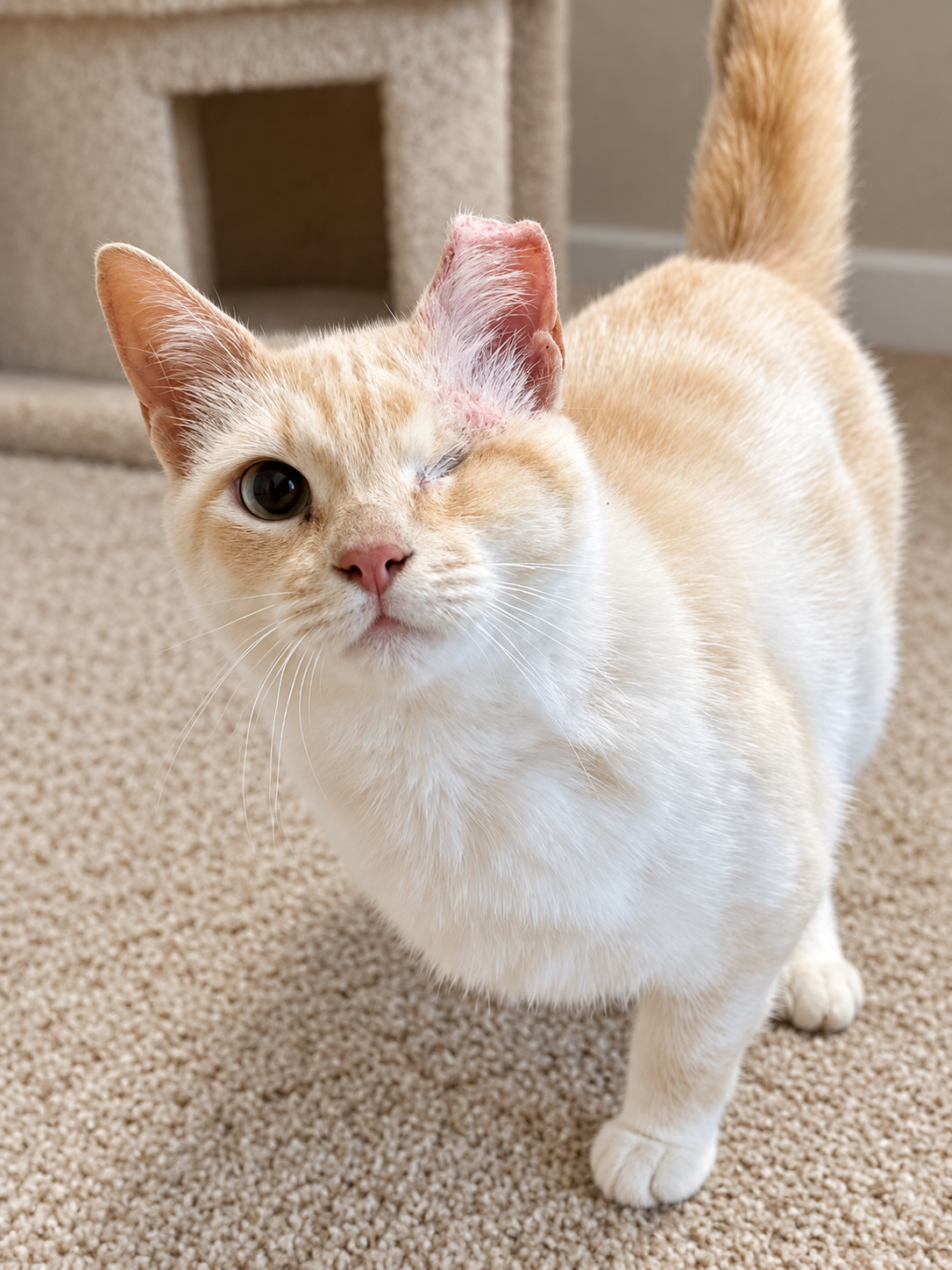 A one-eyed cream rescue cat receiving loving long-term care