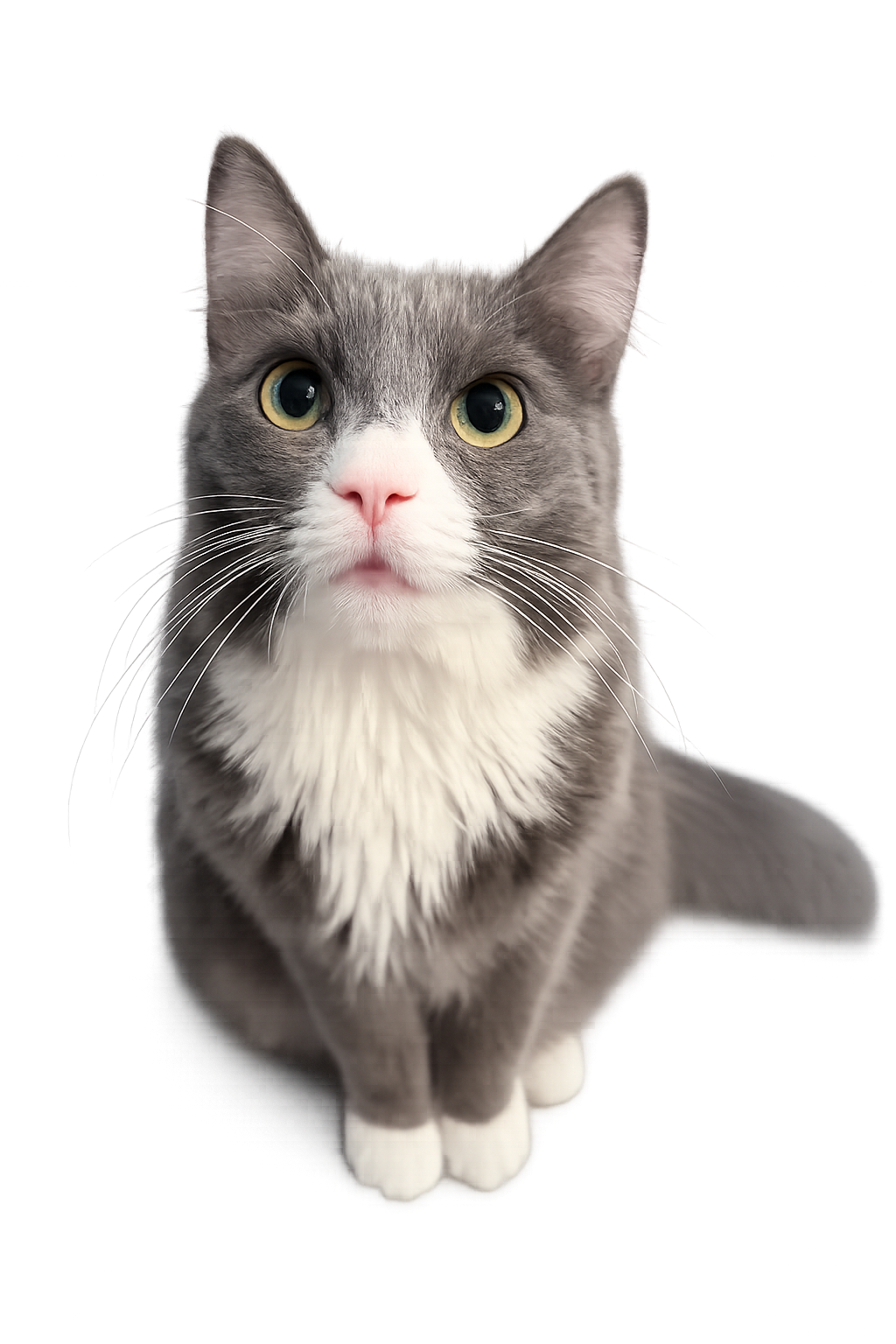 A gray-and-white rescue cat looking toward the camera